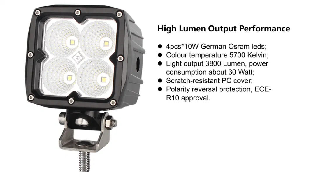 Waterproof IP68 40W 4inch Square 10-30V Flood LED Working Light for Agriculture Tractor Trailer Marine